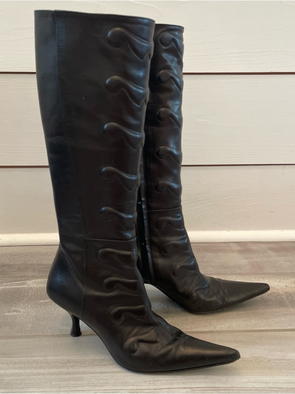 Rodolfo Zengarini Italian Black Knee High Pointed Kitten Heel Boot 35.5/US 5-5.5